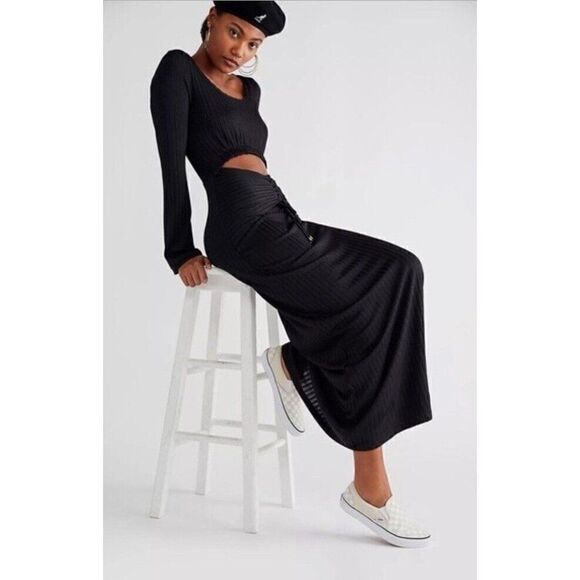 NWT FREE PEOPLE Sz S ONE & ONLY MAXI DRESS RIBBED CUTOUT LONG SLEEVE MAXI BLACK - Picture 1 of 2